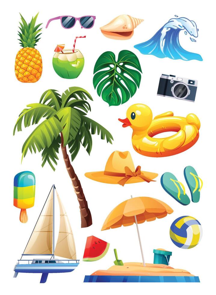 Tropical beach elements with coconut, pineapple, palm tree, and camera. Cartoon illustration vector