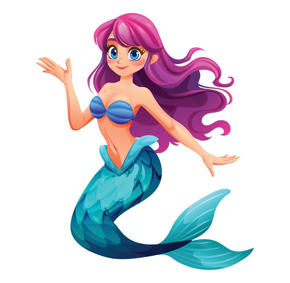 Beautiful mermaid character waving hand in a cheerful pose. Cartoon illustration vector