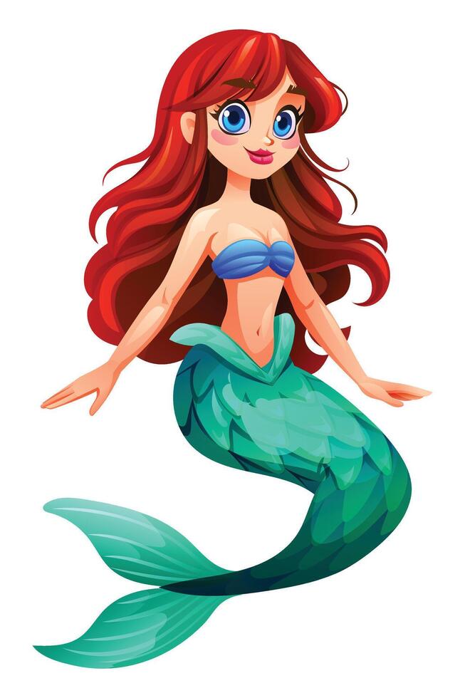 Beautiful mermaid character with friendly pose. Cartoon illustration vector