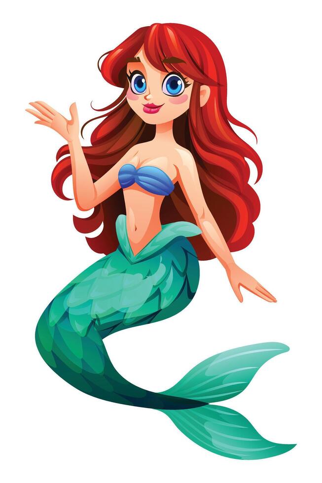 Beautiful mermaid waving hand in a cheerful pose. Cartoon character illustration vector