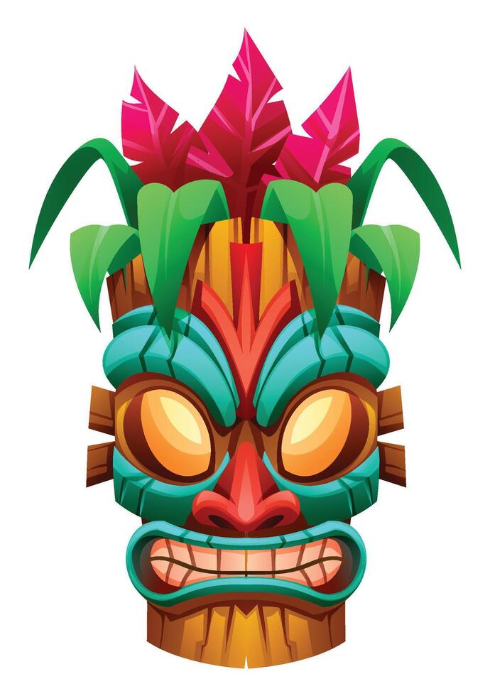 Tribal tiki mask with tropical leaves and feathers. Cartoon illustration vector