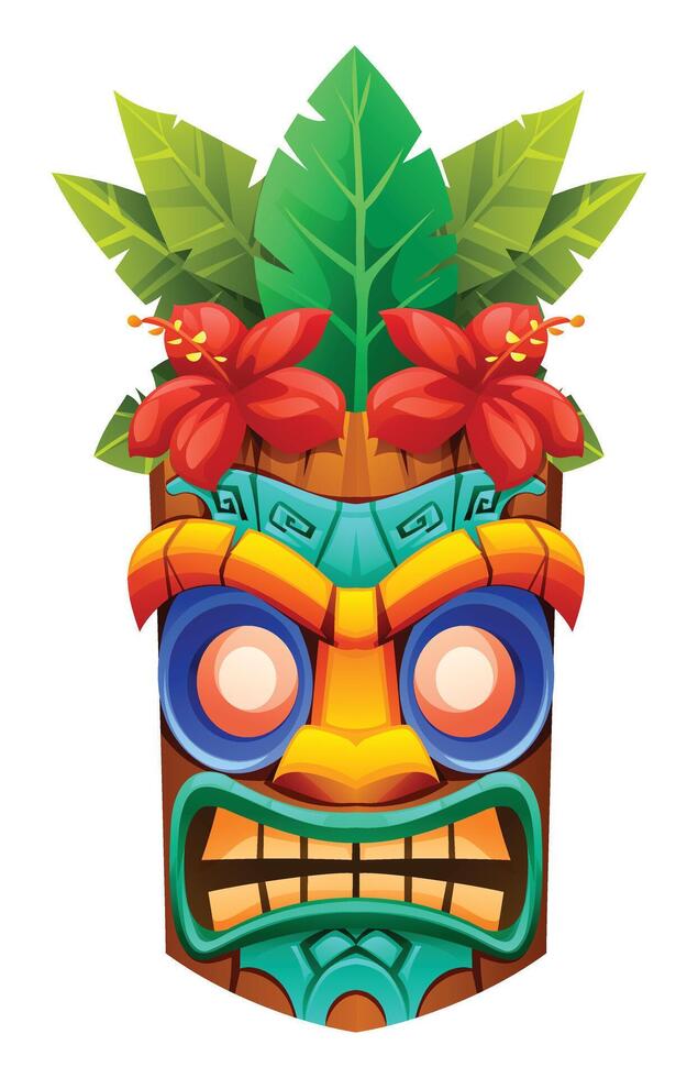 Tiki mask with red hibiscus flowers and tropical leaves. Cartoon illustration vector