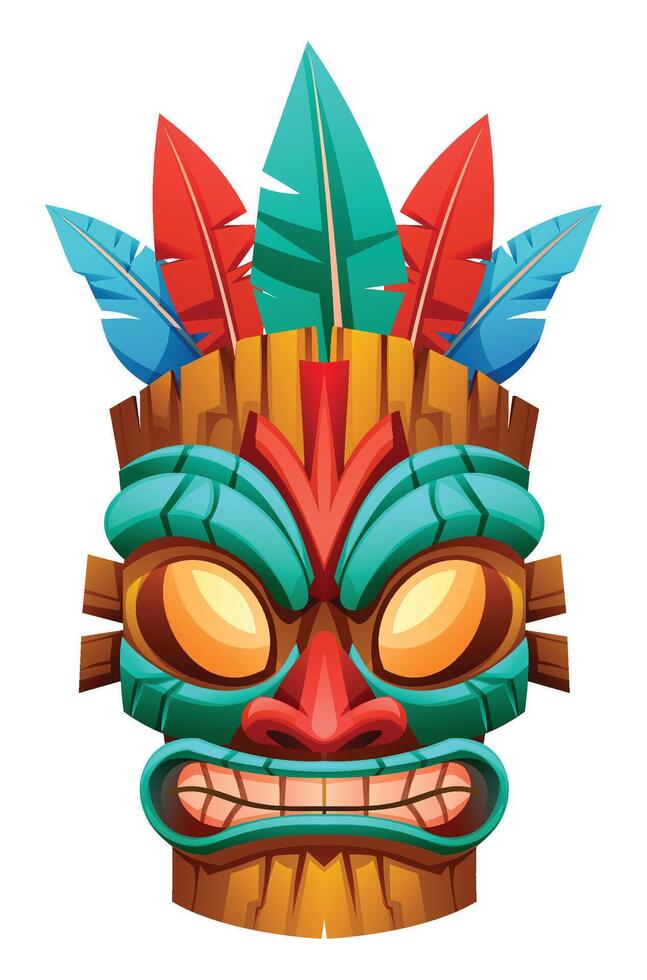 Tiki tribal wooden mask with feathers. Cartoon illustration vector