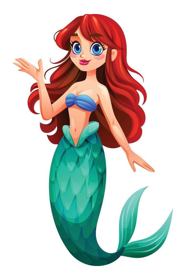 Cute mermaid waving her hand in a friendly gesture. Cartoon character illustration vector