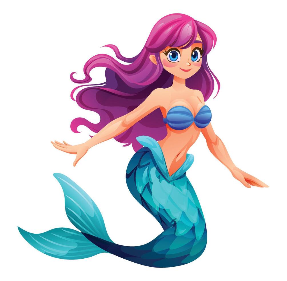 Beautiful mermaid with friendly pose. Cartoon character illustration vector