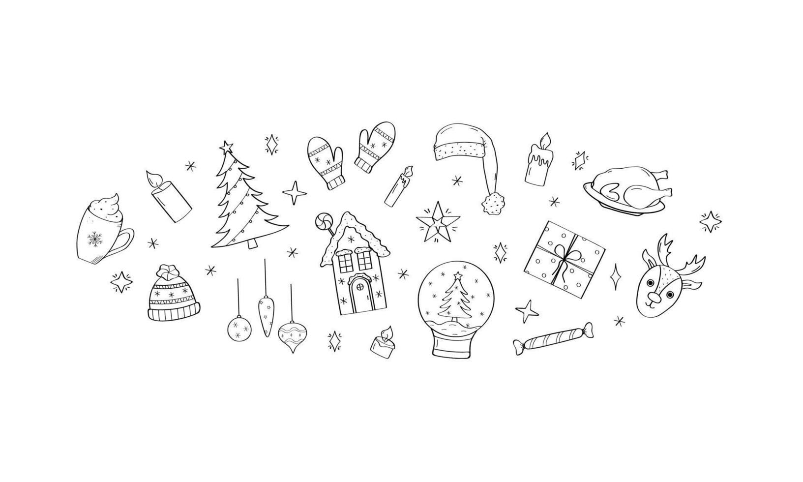 Christmas doodle icons background. Clipart set elements for design. Concept of Christmas, New Year and holiday. vector