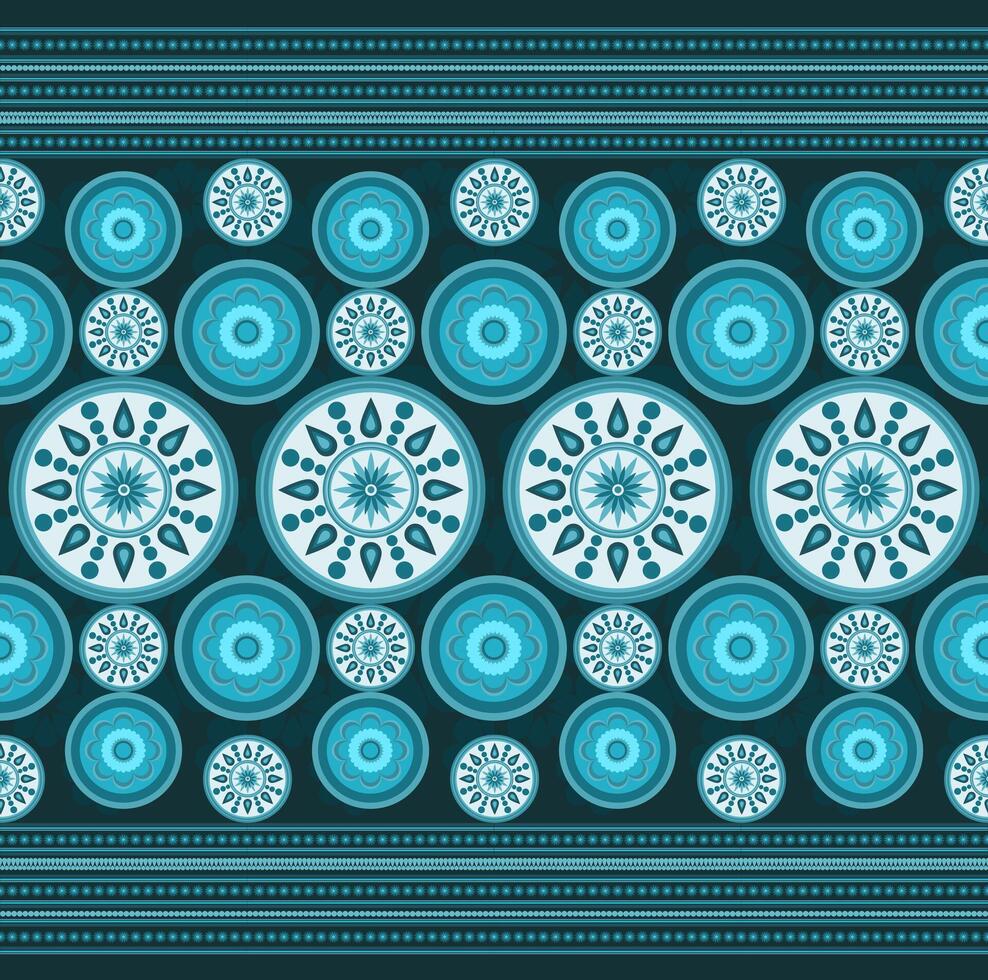 Seamless Circular Floral Border Blue Circle Mandala Pattern, Intricate Teal and Blue Design vector