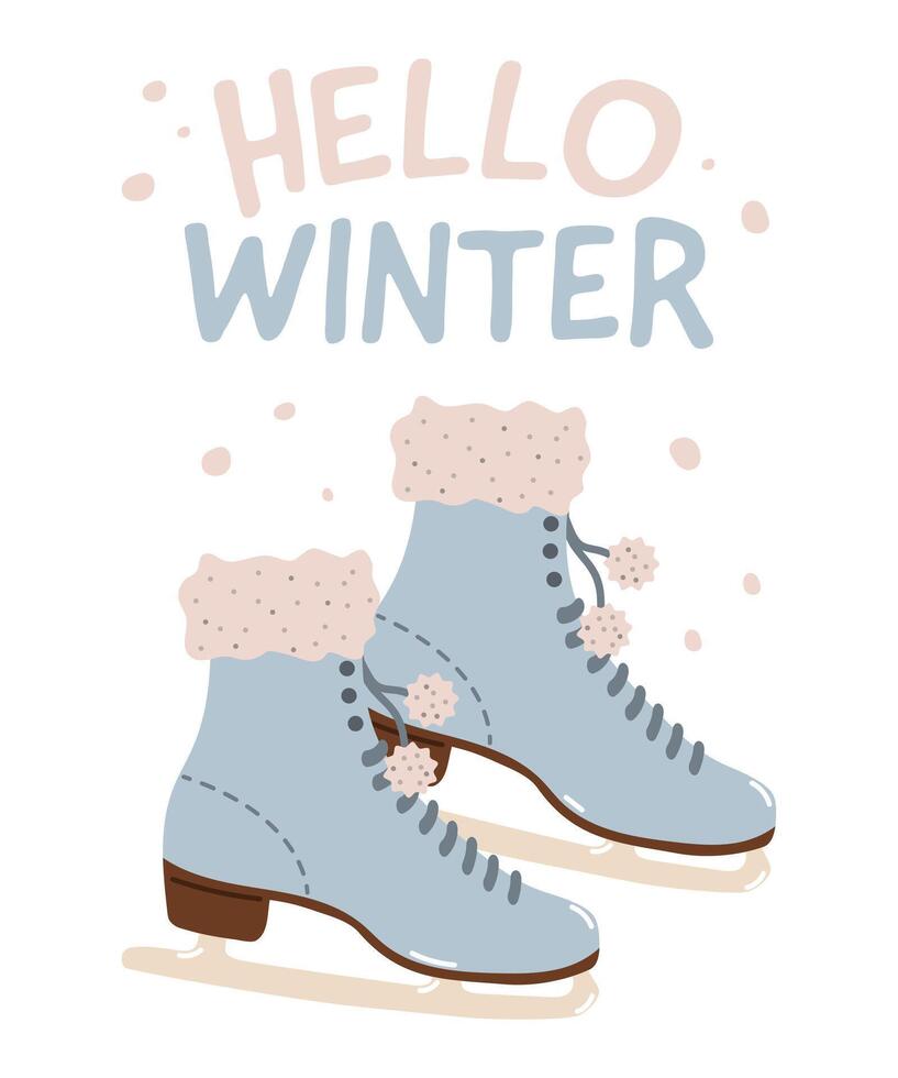 Figure skating skates with hello winter lettering, flat design vector