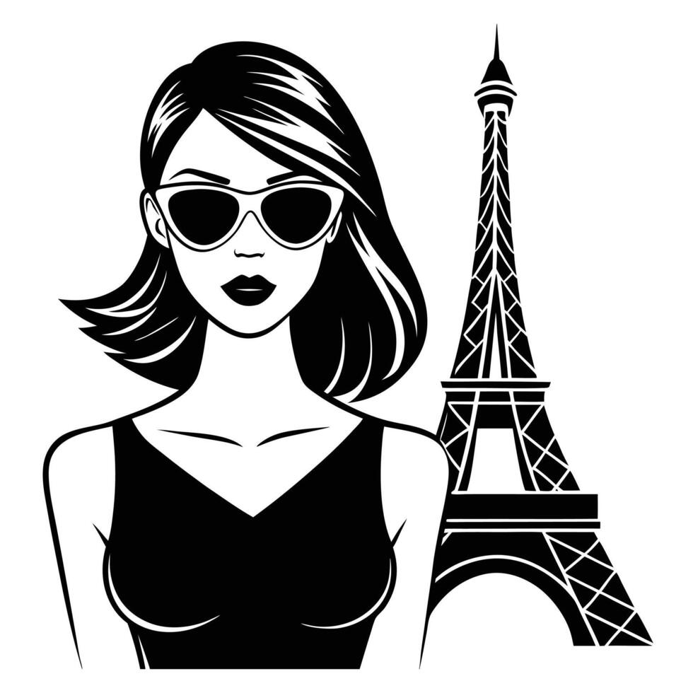 a woman in sunglasses and a black dress in front of the eiffel tower vector