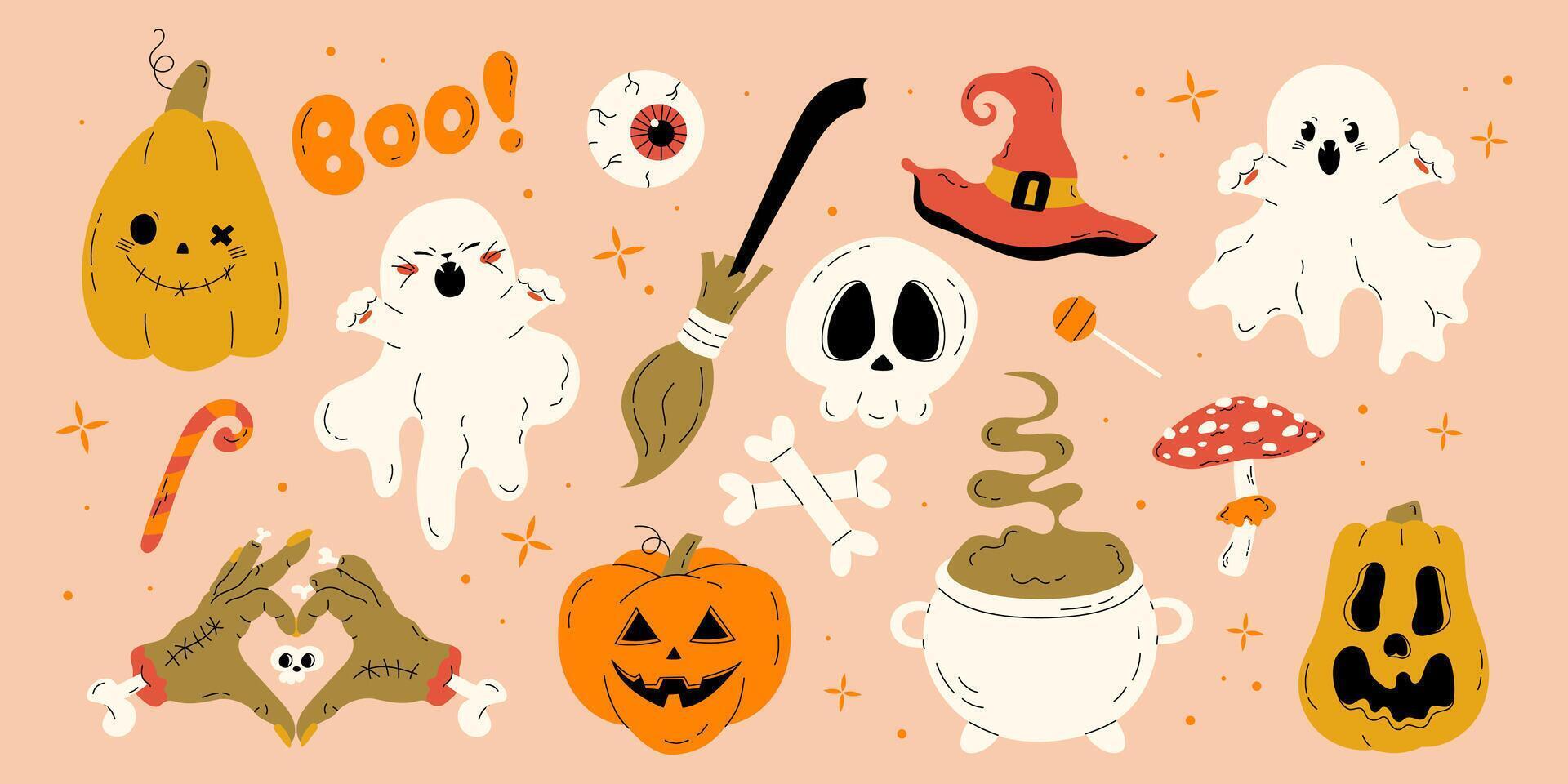 Happy Halloween day elements in hand drawn style. Cute collection of pumpkin, skull, zombie hands, cat, ghost. October holiday stickers, design elements set. Isolated flat illustrations vector