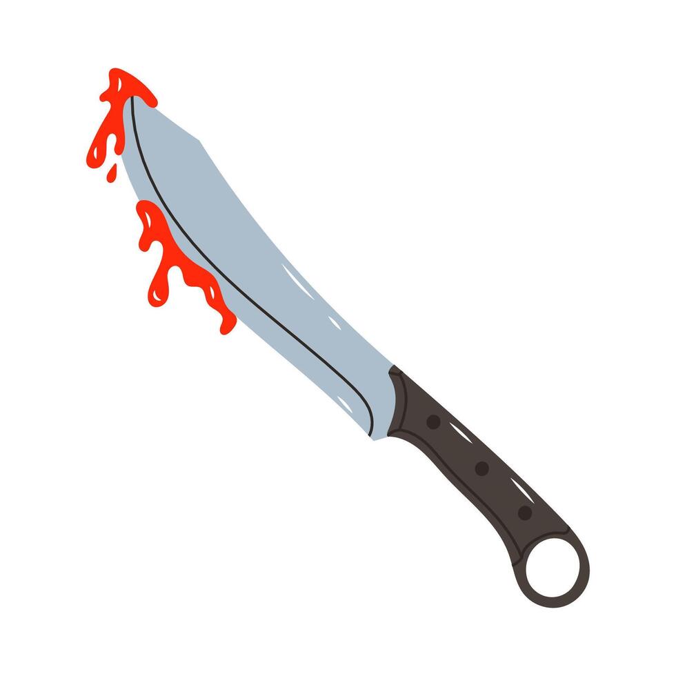 Bloody hunting cleaver in flat style. Knife for killing and cutting meat with drops of blood. Crime weapon for Halloween decoration. stock illustration on isolated white background vector