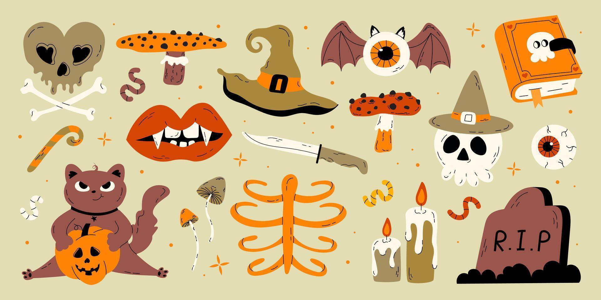 Cute kids Halloween set. Evil cat, mushroom, witch hat, grave, skull, vampire, knife. October holiday stickers, design elements bundle. Isolated flat illustrations. Characters and elements vector