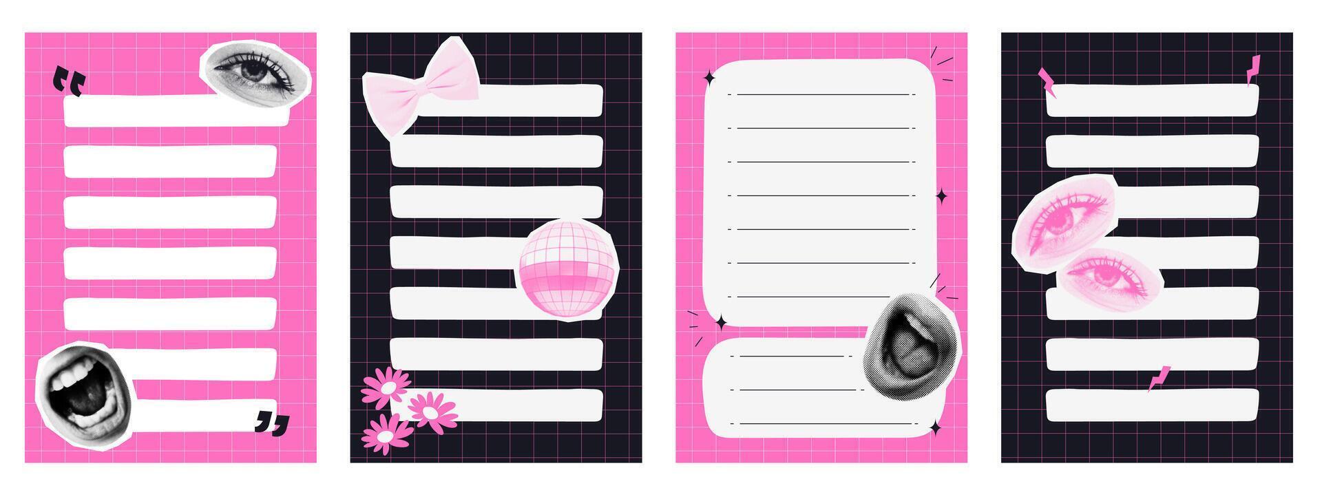 To do list template with halftone collages. Notes for school education in trendy style. Daily planner set. Scrapbook notes and cards.Printable planner stickers. stock illustration. vector