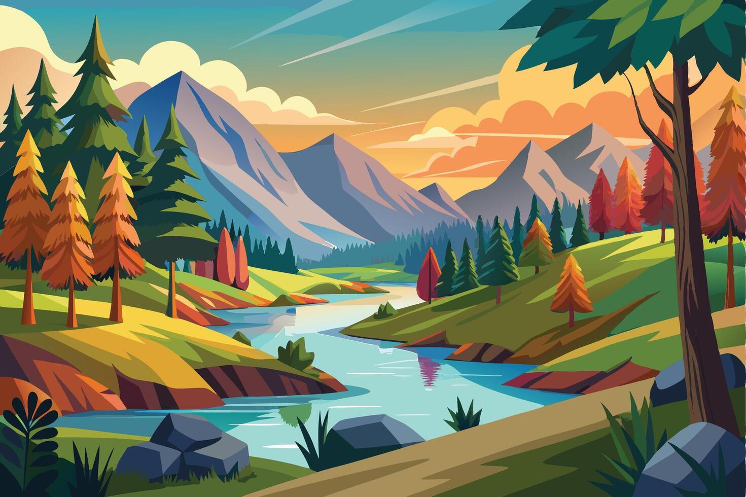 view with beautiful trees and river. vector