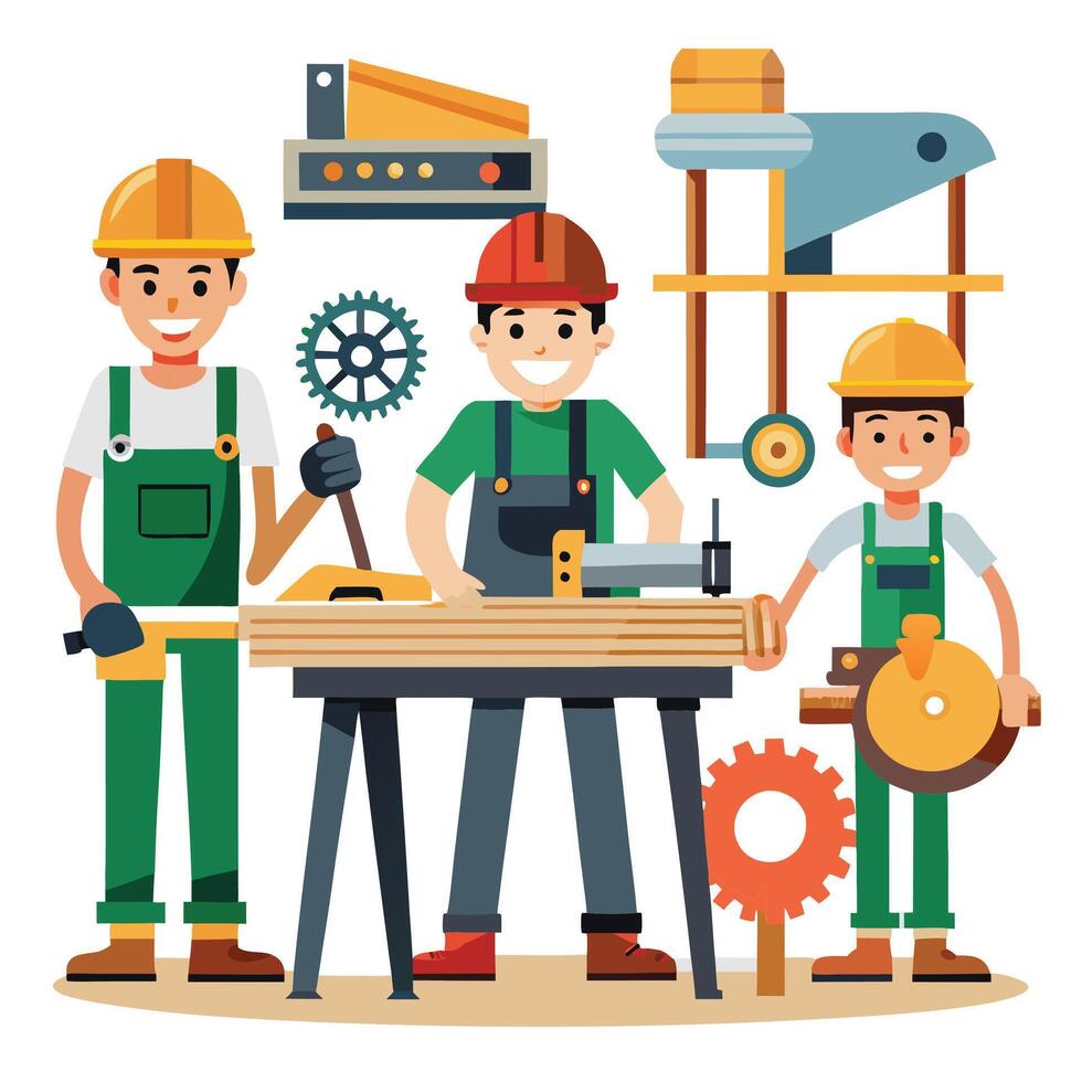 a group of people working on a table with tools vector
