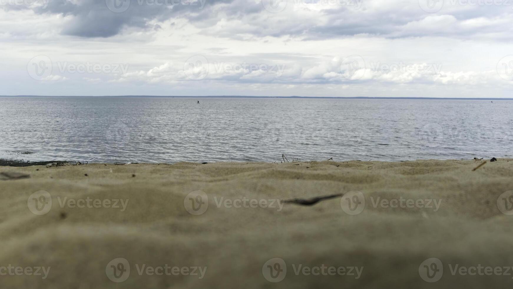 Close up of sandy shore and rippled sea on blue cloudy sky background. Concept. Natural background bird seagull flying slowly above the sea close to water surface. photo