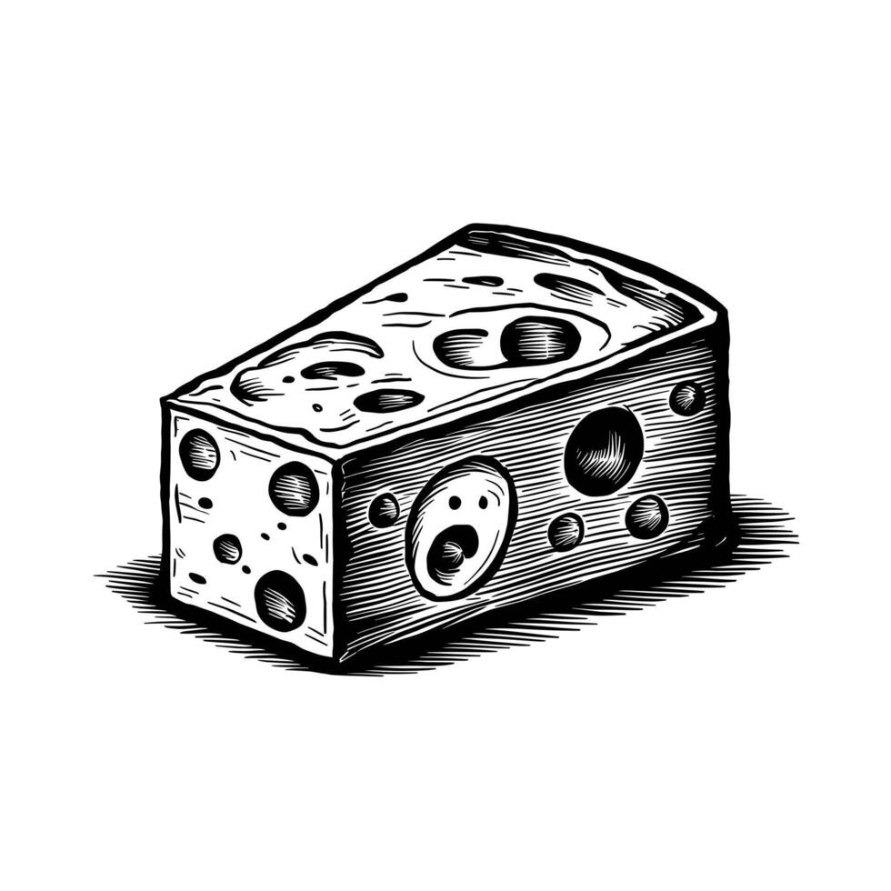 A black and white drawing of a piece of cheese vector