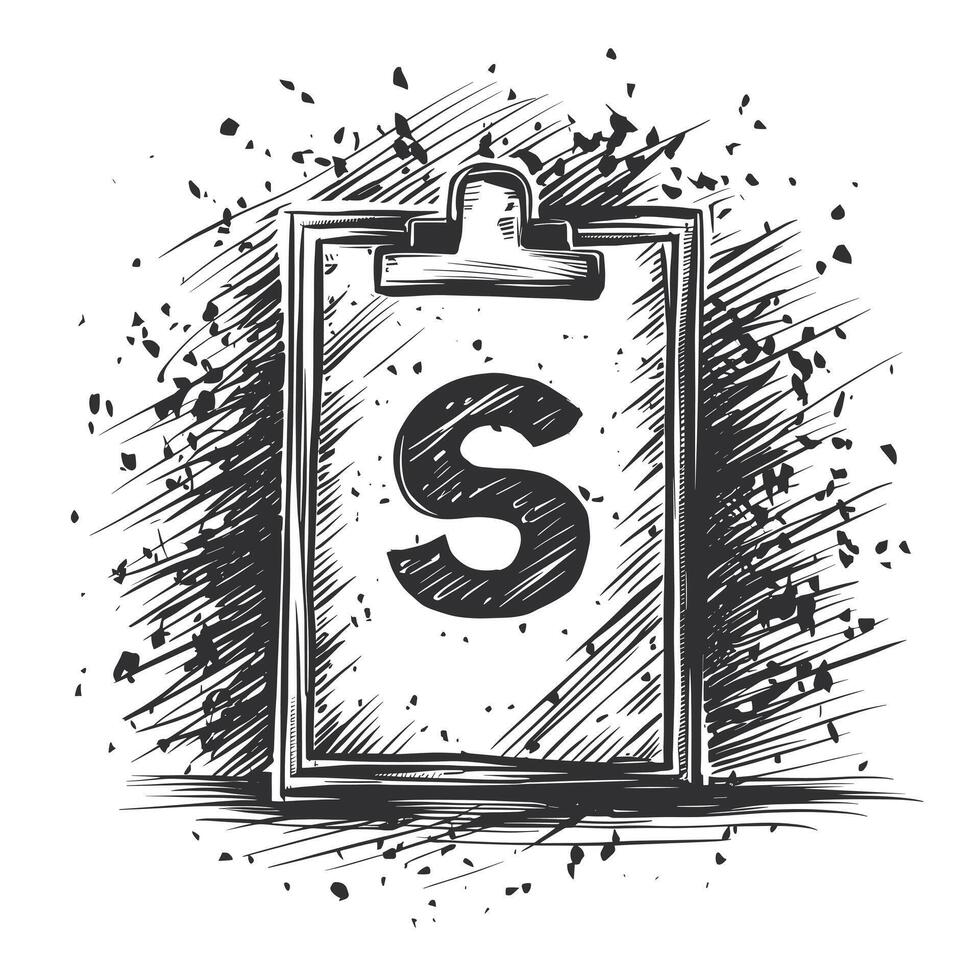 A black and white drawing of a clipboard with the letter s vector