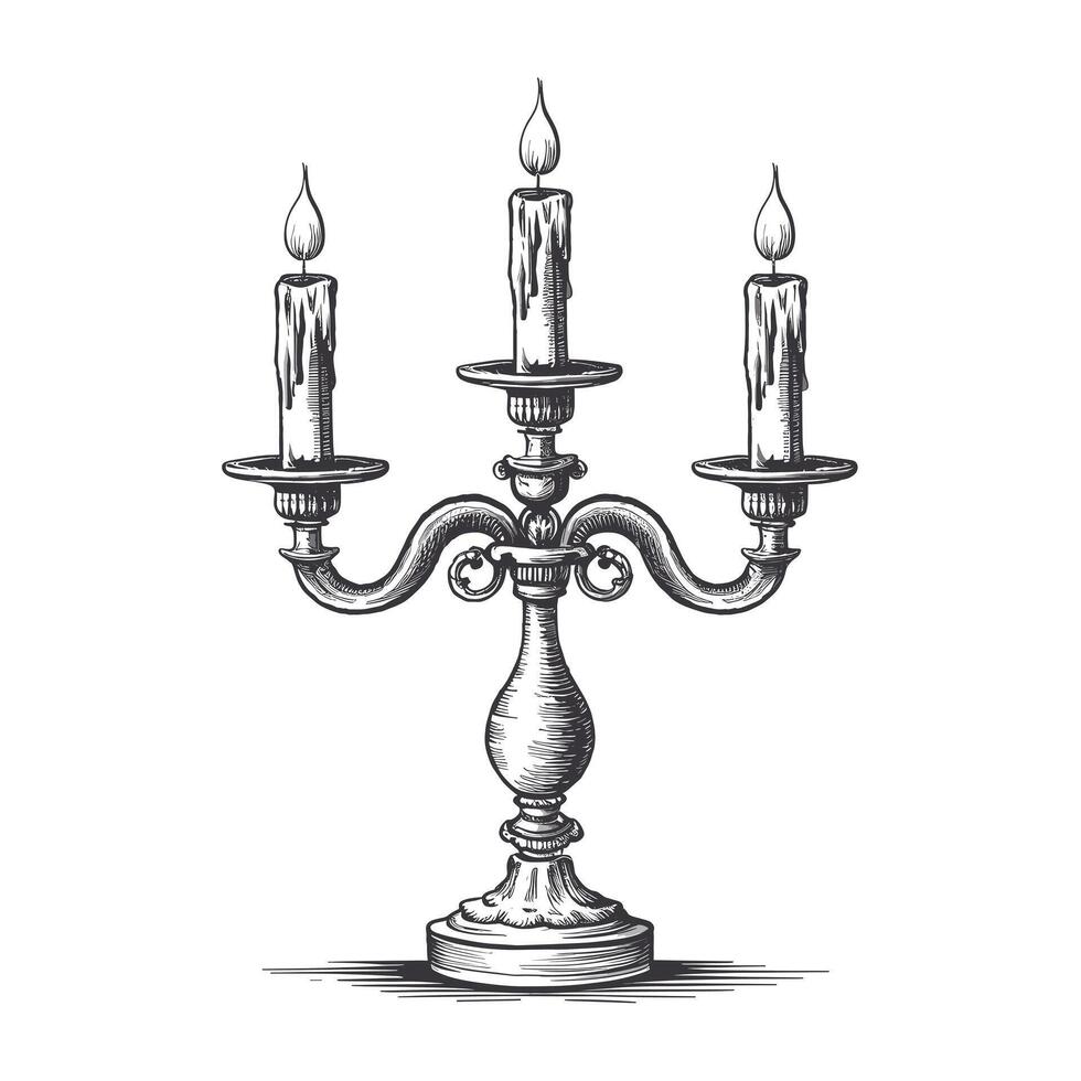 A black and white drawing of a candelabra with three candles vector
