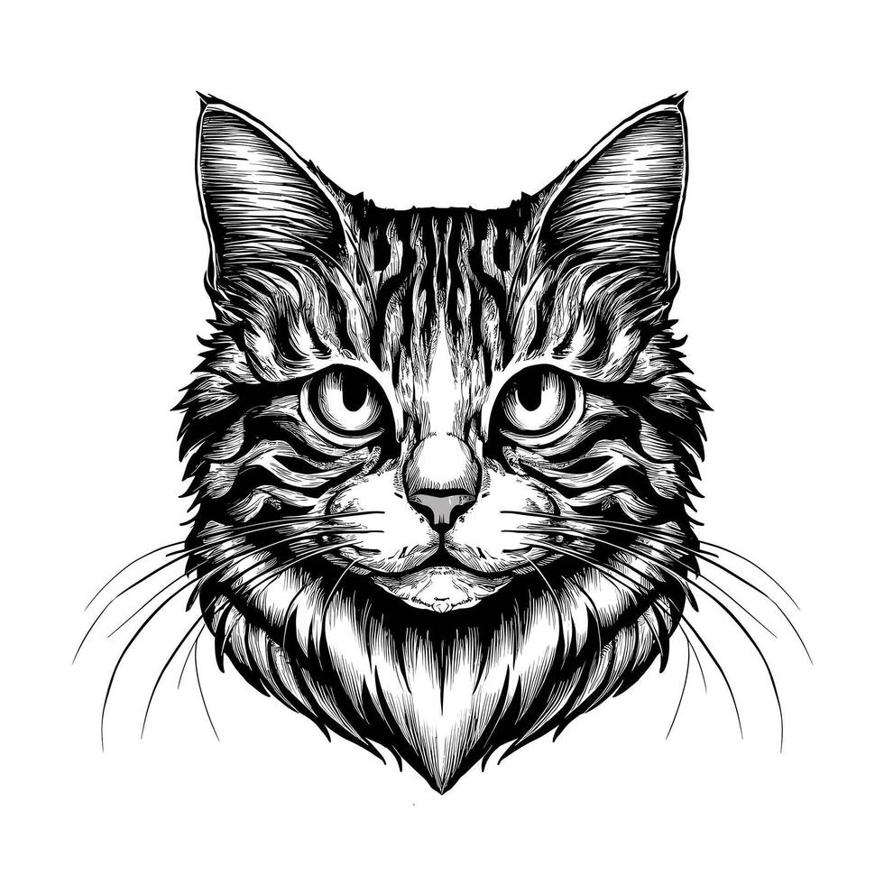 A black and white drawing of a cat's head vector