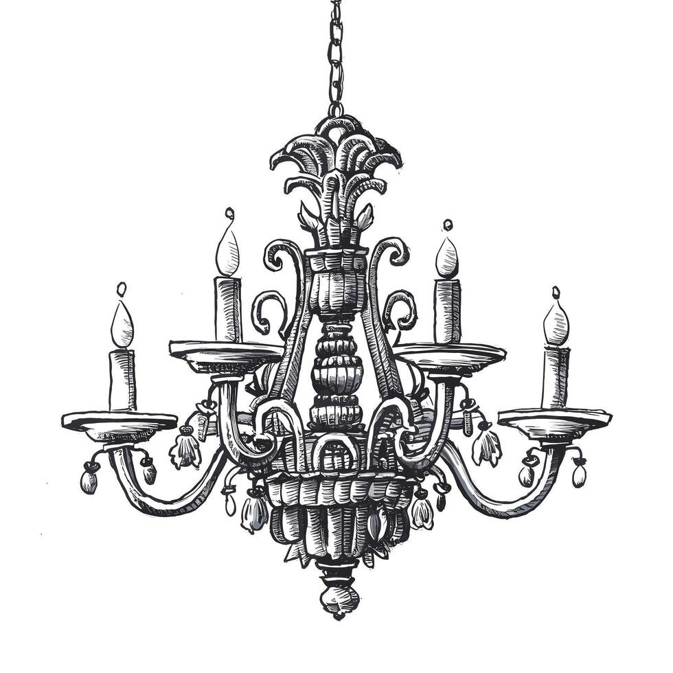 A drawing of a chandelier with candles vector