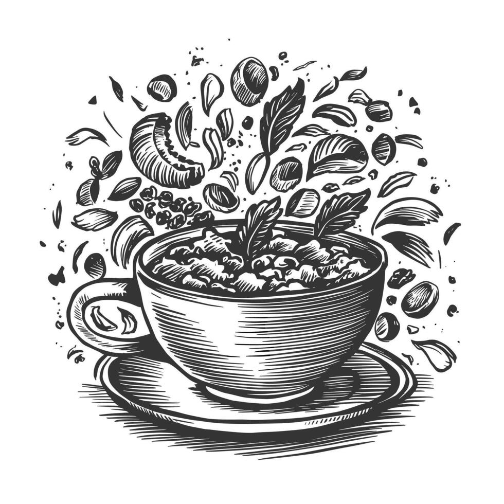 A cup of coffee with beans and nuts on it vector