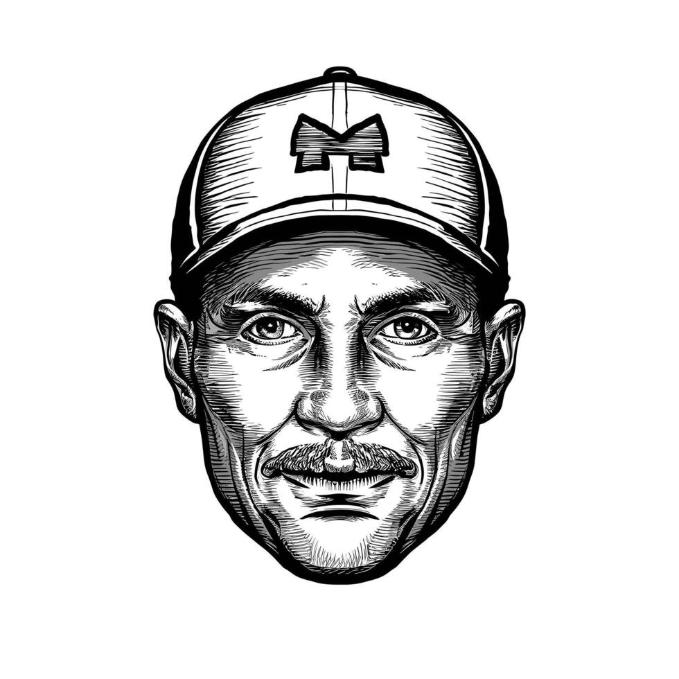 A black and white drawing of a man with a mustache vector