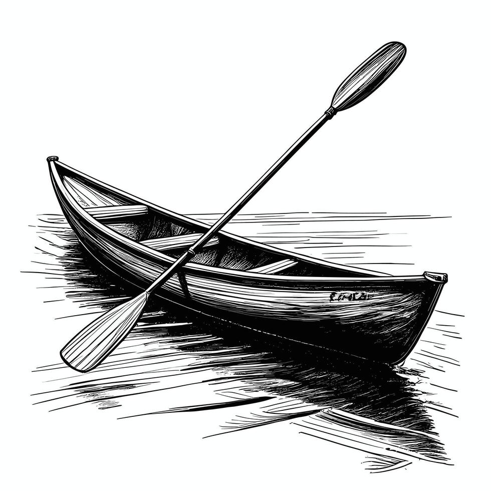 A black and white drawing of a canoe with paddles vector