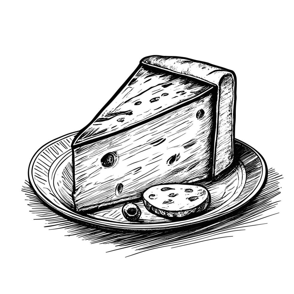Cheese slice on plate hand drawn sketch illustration vector