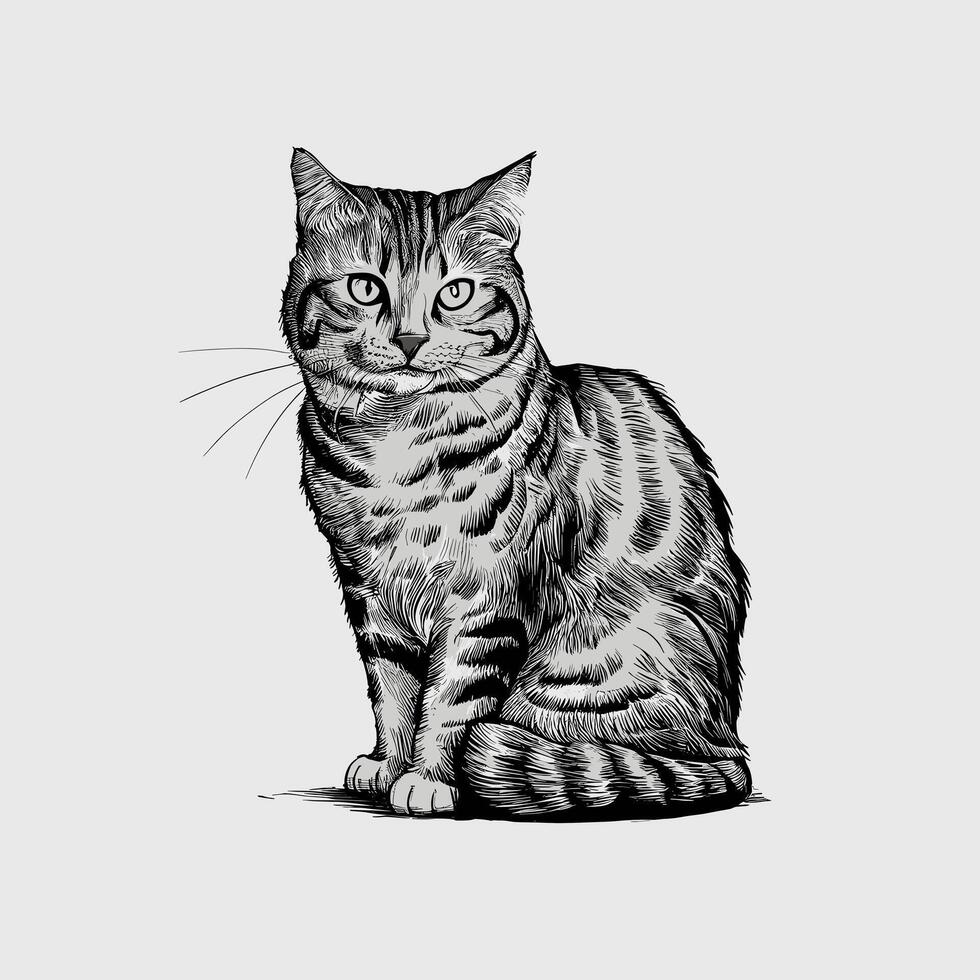 A black and white drawing of a cat sitting vector