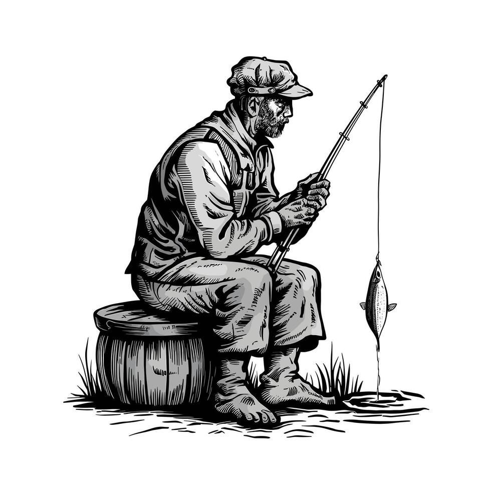 An illustration of a fisherman sitting on a barrel vector