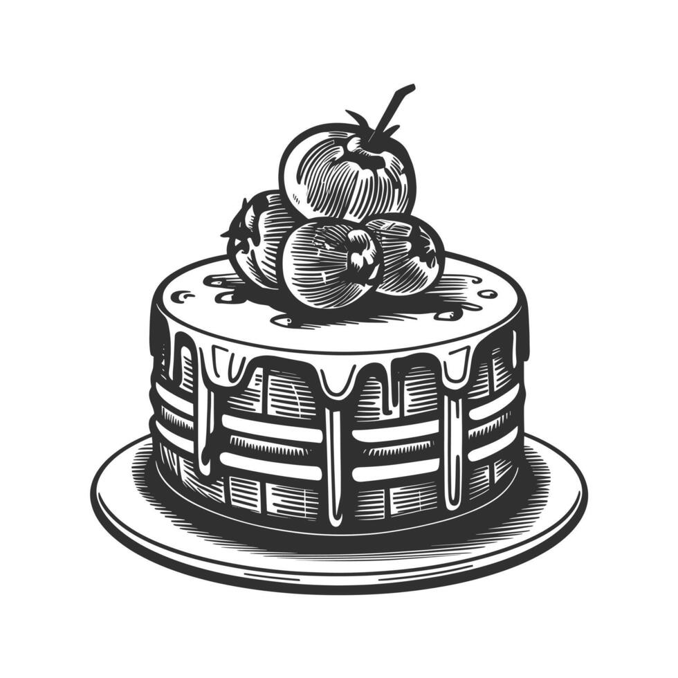 A black and white drawing of a cake with tomatoes vector