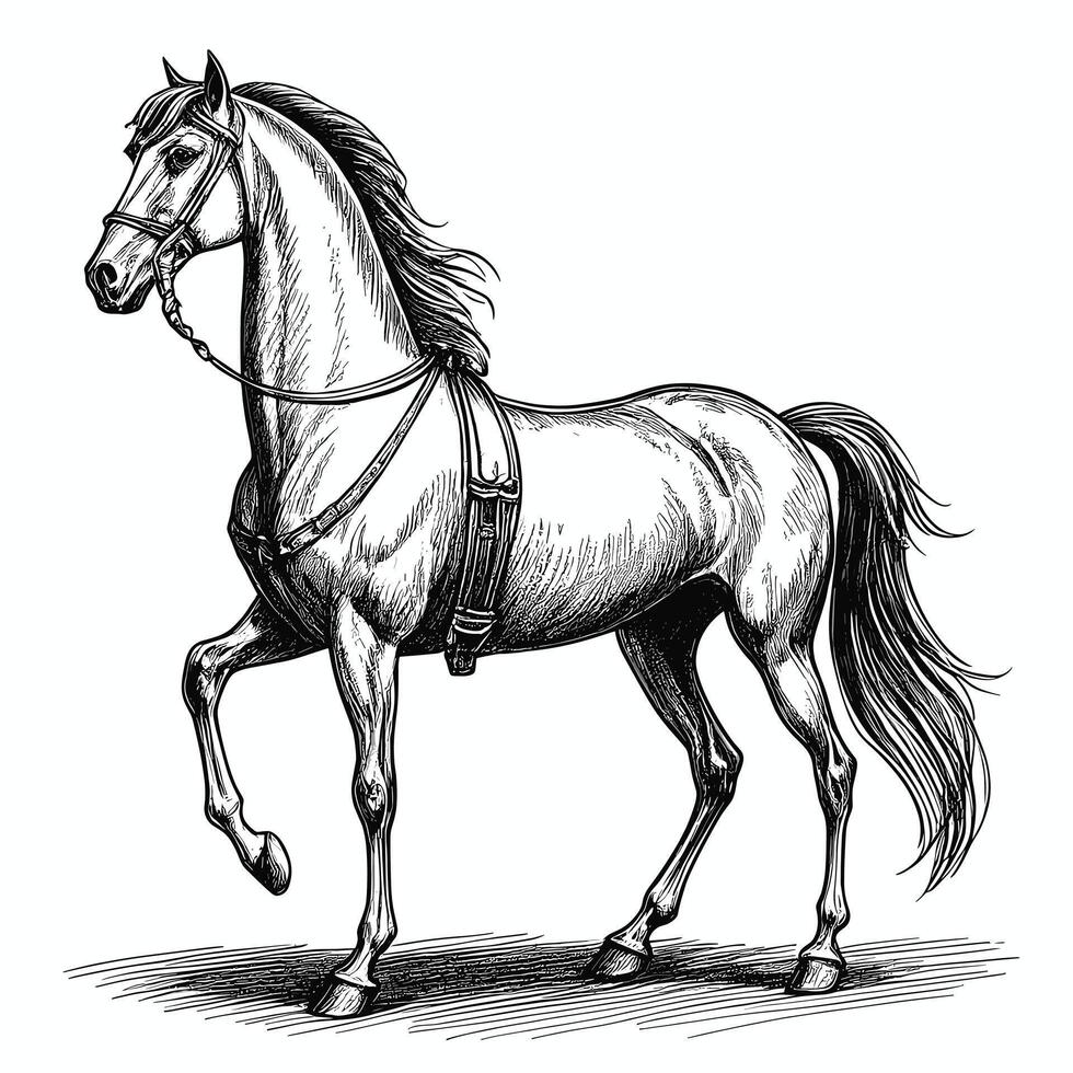 A horse with a bridle is drawn in black and white vector