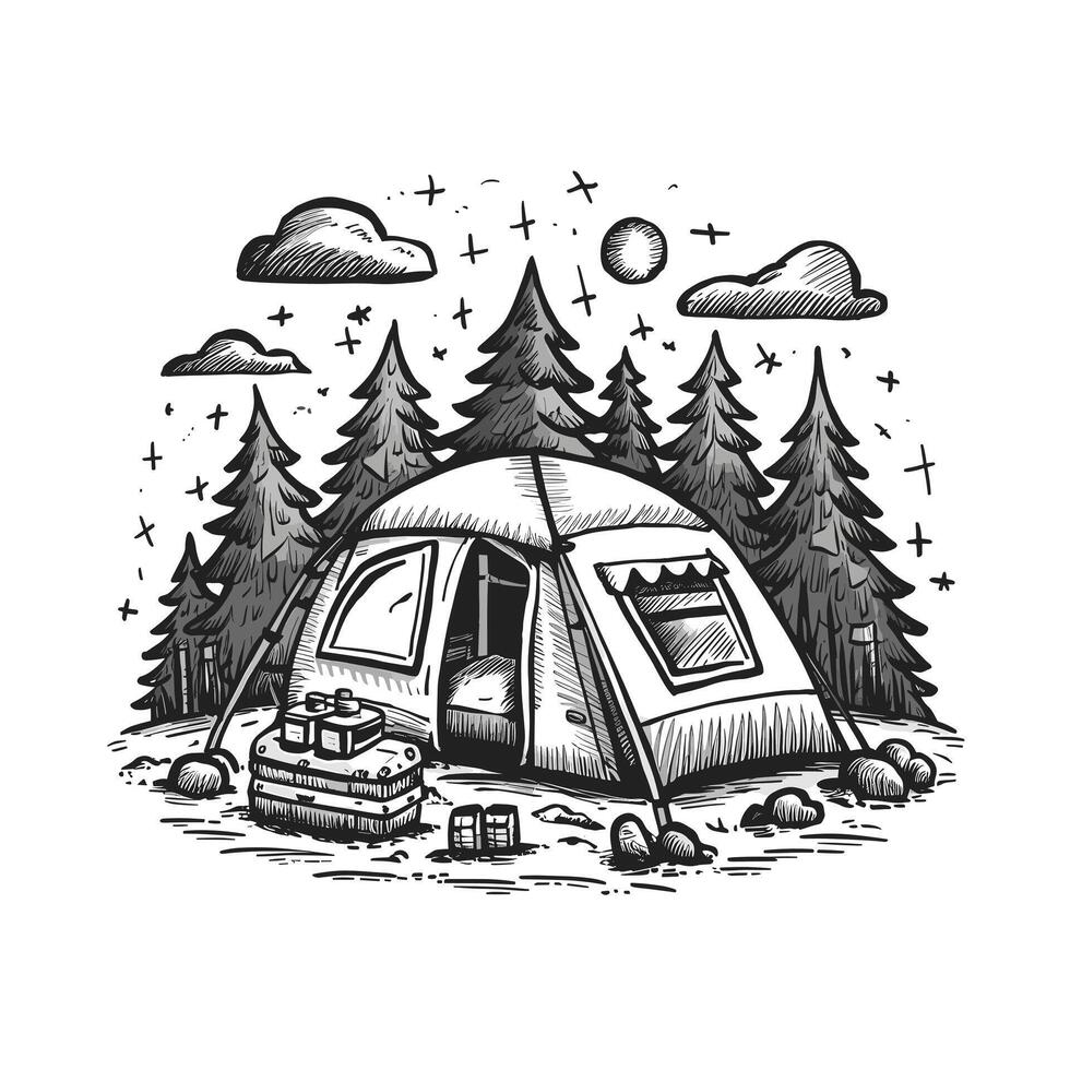A sketch of a tent in the woods vector
