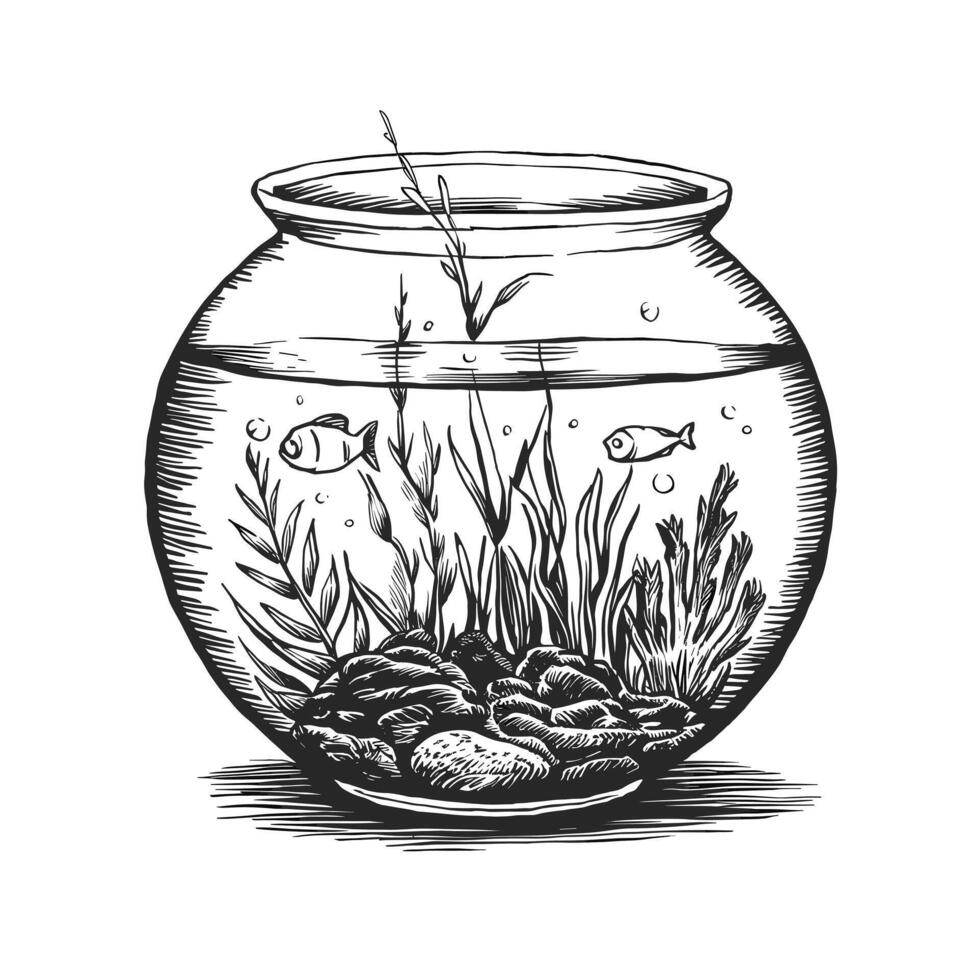 Aquarium with fish and plants in a glass bowl illustration vector
