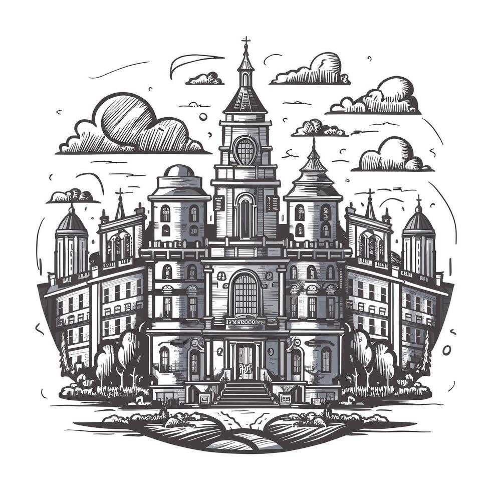 A drawing of a castle with a clock tower vector