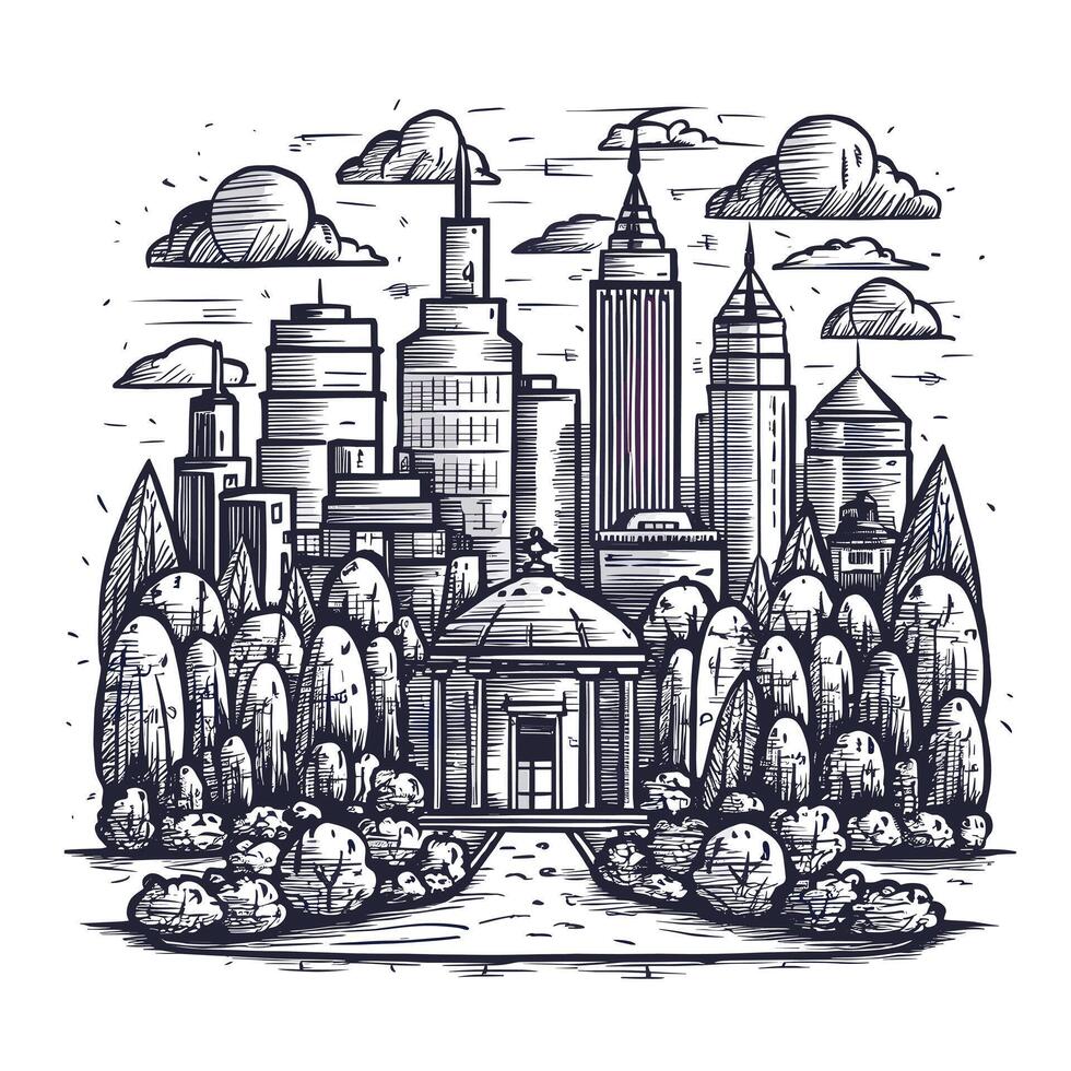 A drawing of a city with trees and buildings vector
