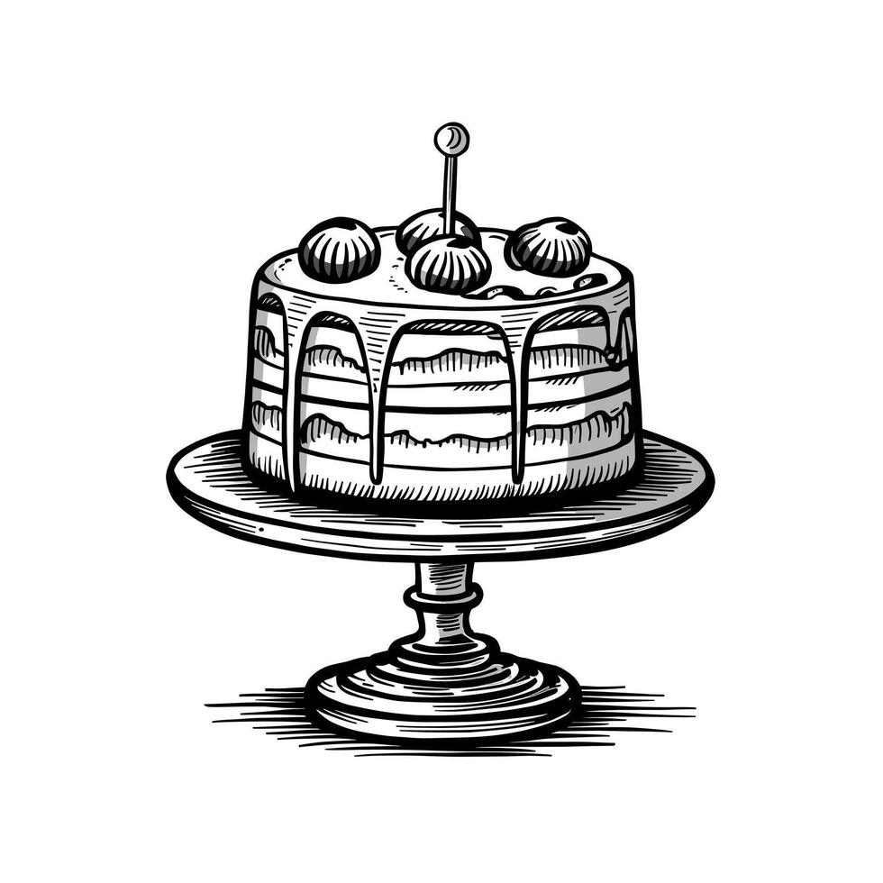 A black and white drawing of a cake on a plate vector