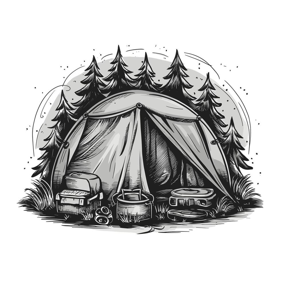 A tent and camping gear in the woods vector