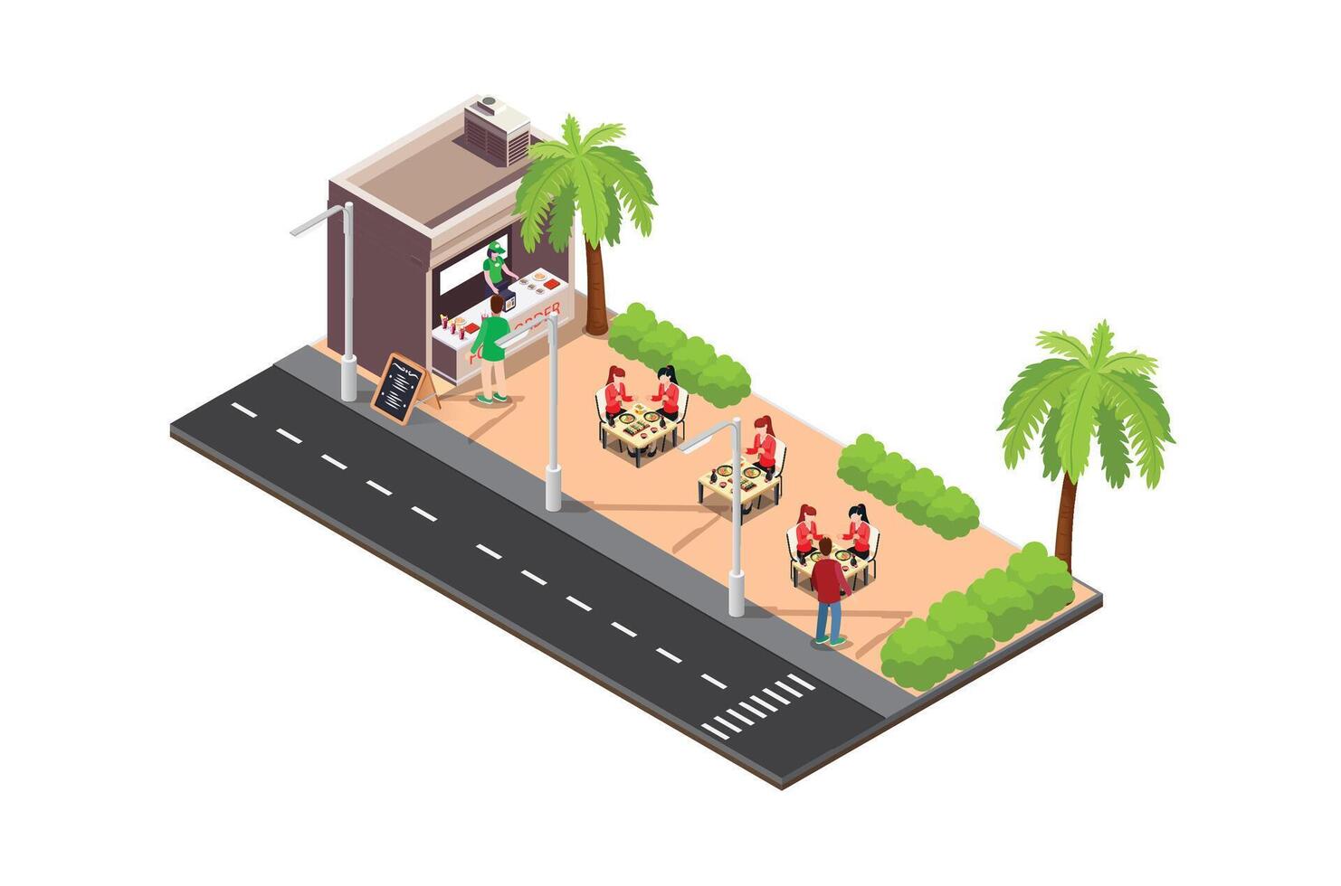 illustration of eating dimsum and noodles on the side of the road, with a 3d isometric style. Suitable for infographics, game assets and other graphic related assets vector