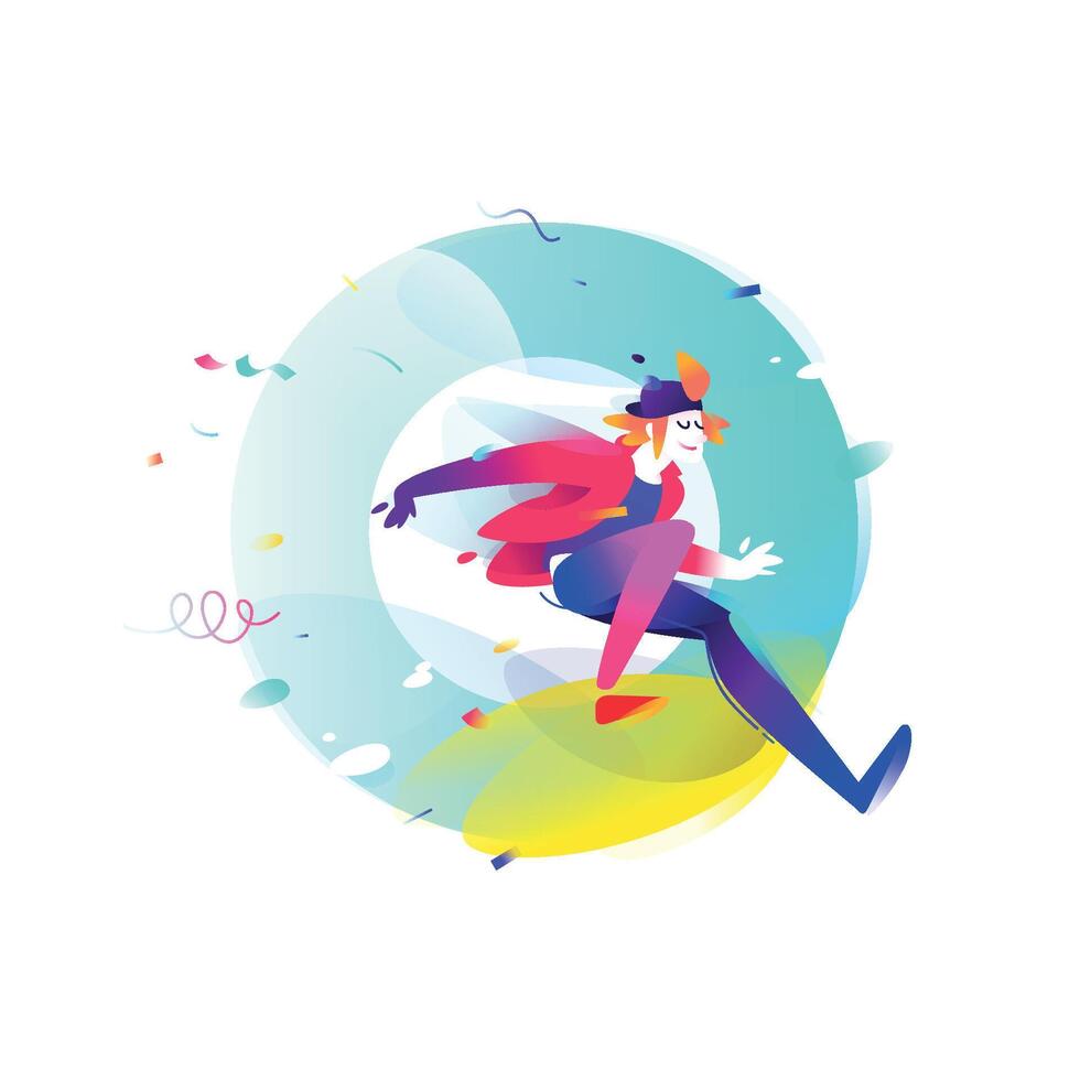 Illustration of a cartoon young man. The boy runs out of the letter O. The image is isolated on a white background. Flat fashion illustration for banner, print and website. Mascot company. vector