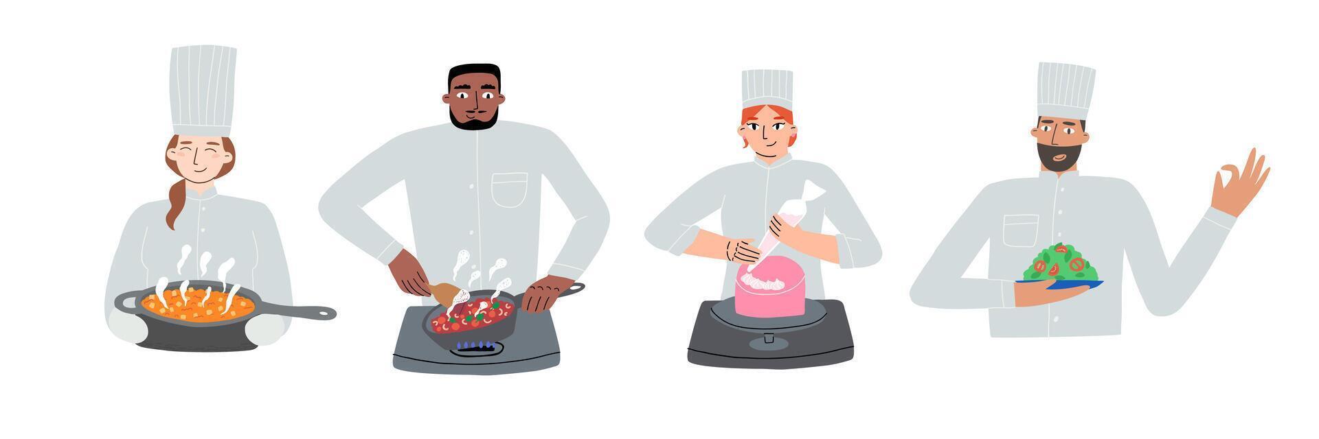Set with chef characters preparing food in flat style. Man, kitchen, food. Hand drawn illustration. vector