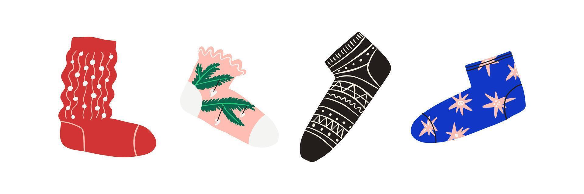 Ser of Christmas sock in flat style. Hand drawn illustration. vector