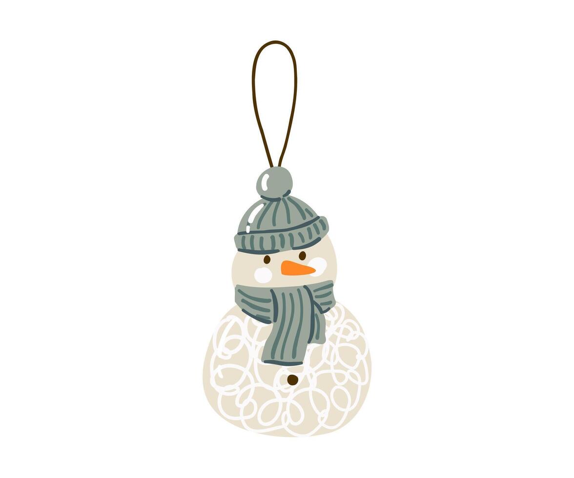 Christmas decoration snowman for the Christmas tree is drawn in a flat style by hand. New Year, Christmas, Holiday. vector