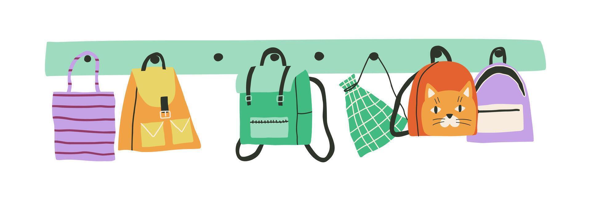 Set with school bags in flat style. Hand drawn illustration. vector