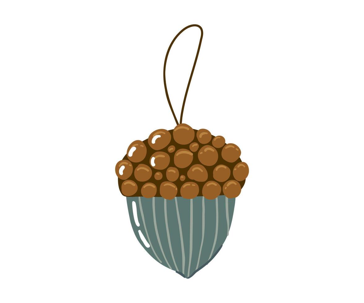 Christmas decoration of acorns for the tree is drawn in a flat style by hands. New Year, Christmas, Holiday. vector