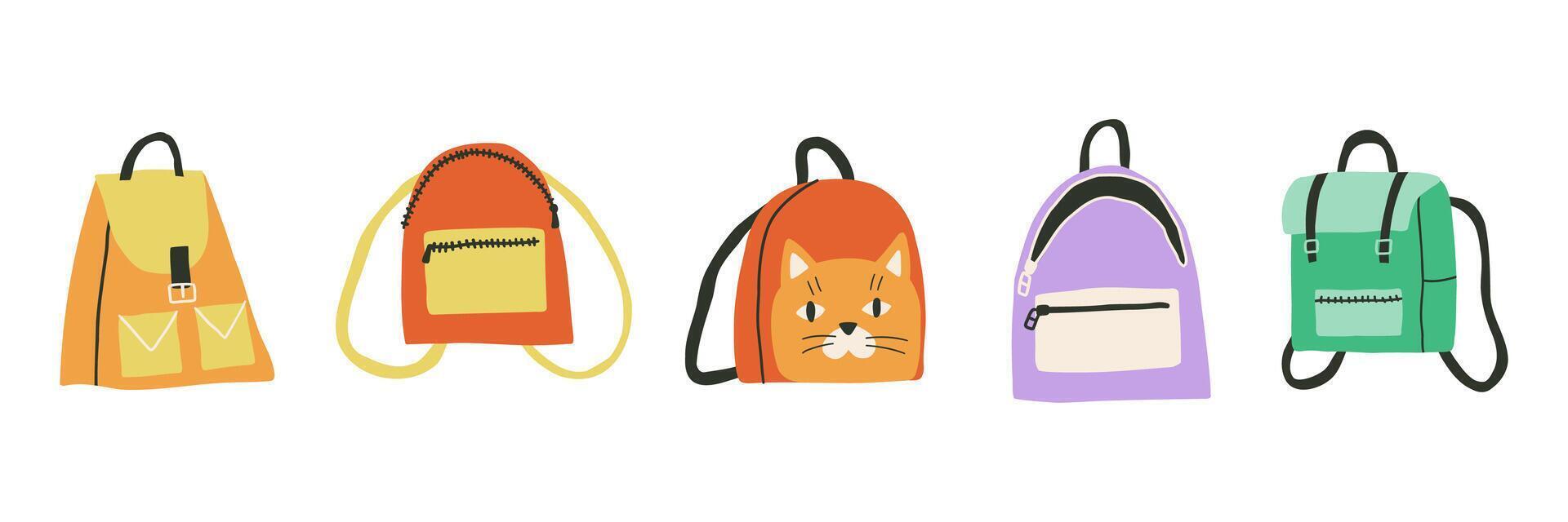 Set with school bags in flat style. Hand drawn illustration. vector