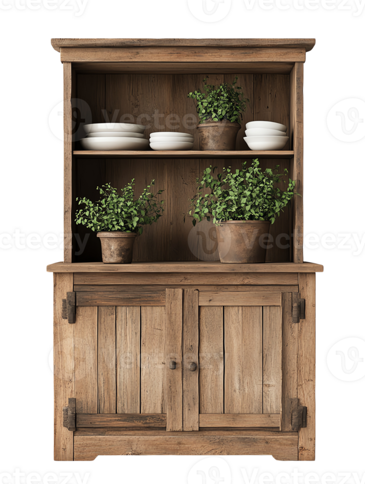 A rustic wooden hutch with potted plants on the shelves png