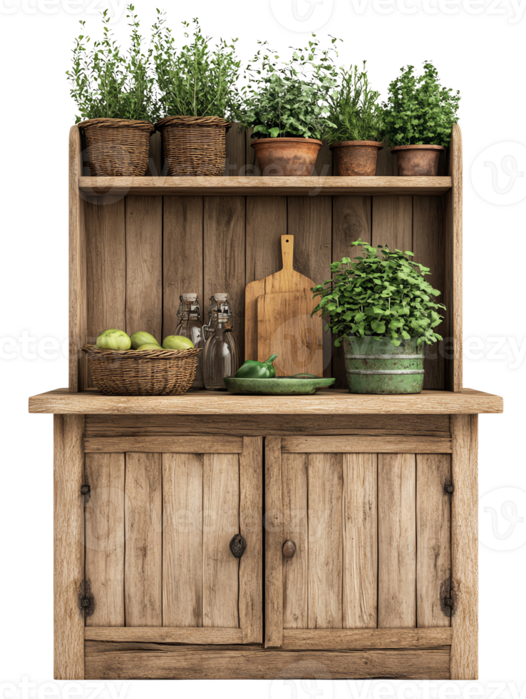 A wooden cabinet with potted plants on it png