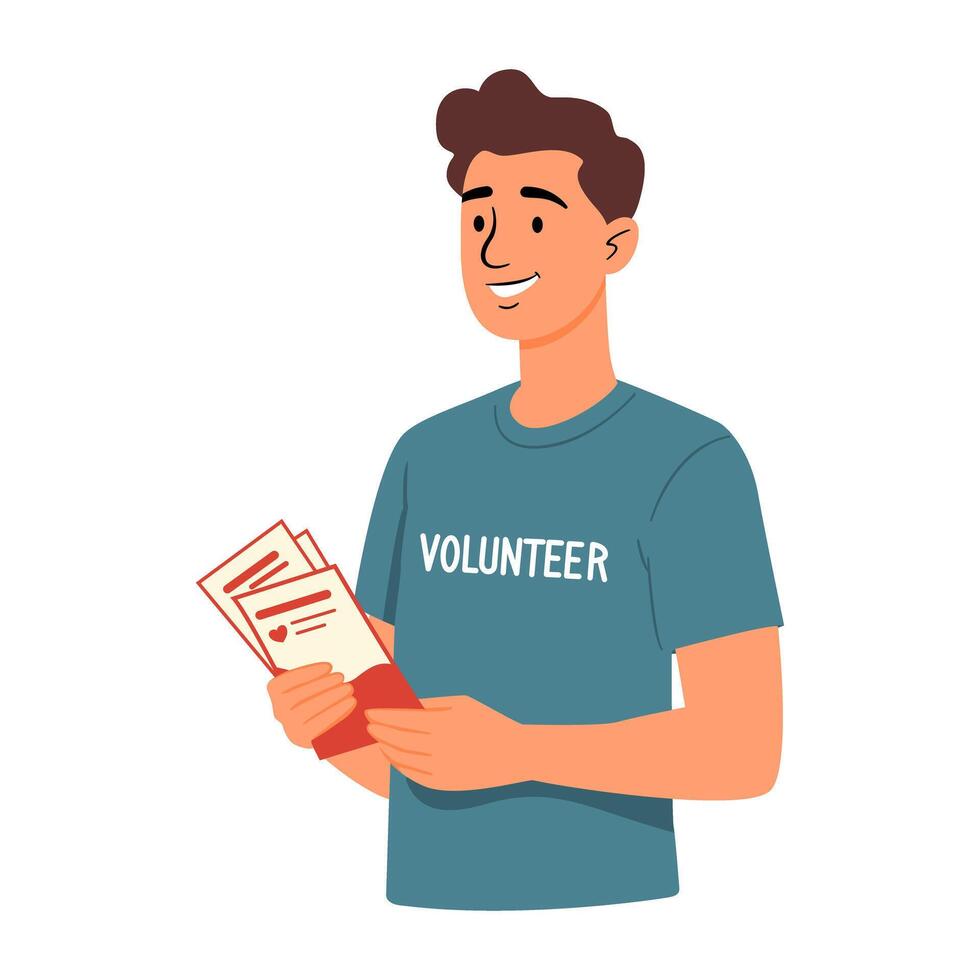 Happy Volunteer Holding Donation Flyers vector